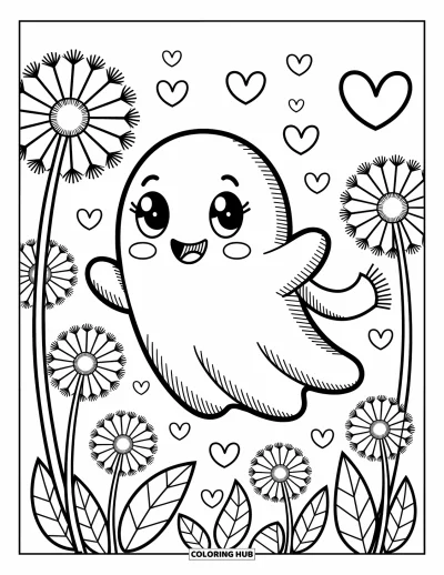 Coloriage de fantômes pour adultes : Un fantôme aux grands yeux dérive parmi de gigantesques pissenlits avec des cœurs dans son sillage