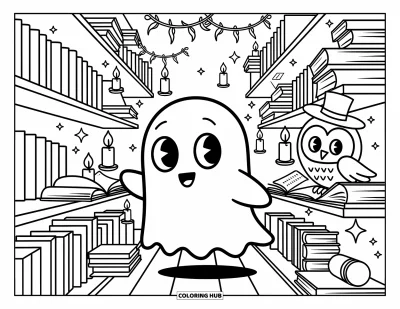 Coloriage de fantômes pour adultes : Un fantôme aux yeux écarquillés explore une petite bibliothèque tandis qu'un hibou lit à proximité