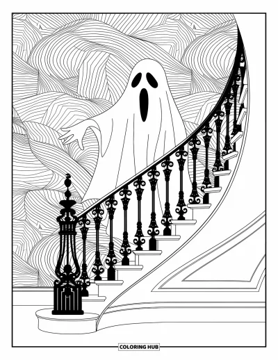 Coloriage de fantômes pour adultes : Une silhouette fantomatique s'élève à travers un escalier orné de motifs géométriques élégants