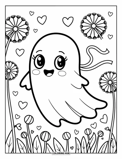 Coloriage de fantômes pour adultes : Un fantôme heureux glisse parmi de grands pissenlits avec des cœurs flottants et une écharpe qui voltige