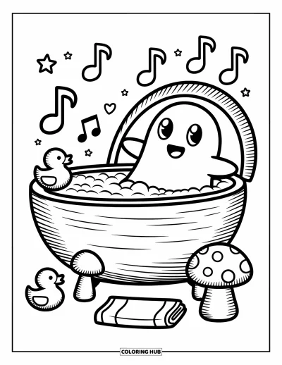 Coloriage de fantômes pour adultes : Un fantôme heureux se détend dans une baignoire en coquille de noix avec des petits canards et une minuscule serviette
