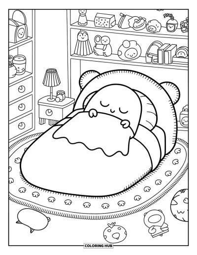 Coloriage de fantômes pour adultes : Un fantôme somnolent se love dans un lit douillet en forme de mochi dans une charmante petite chambre