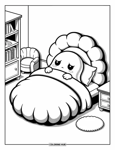 Coloriage de fantômes pour adultes : Un fantôme somnolent se blottit dans un lit douillet en forme de mochi