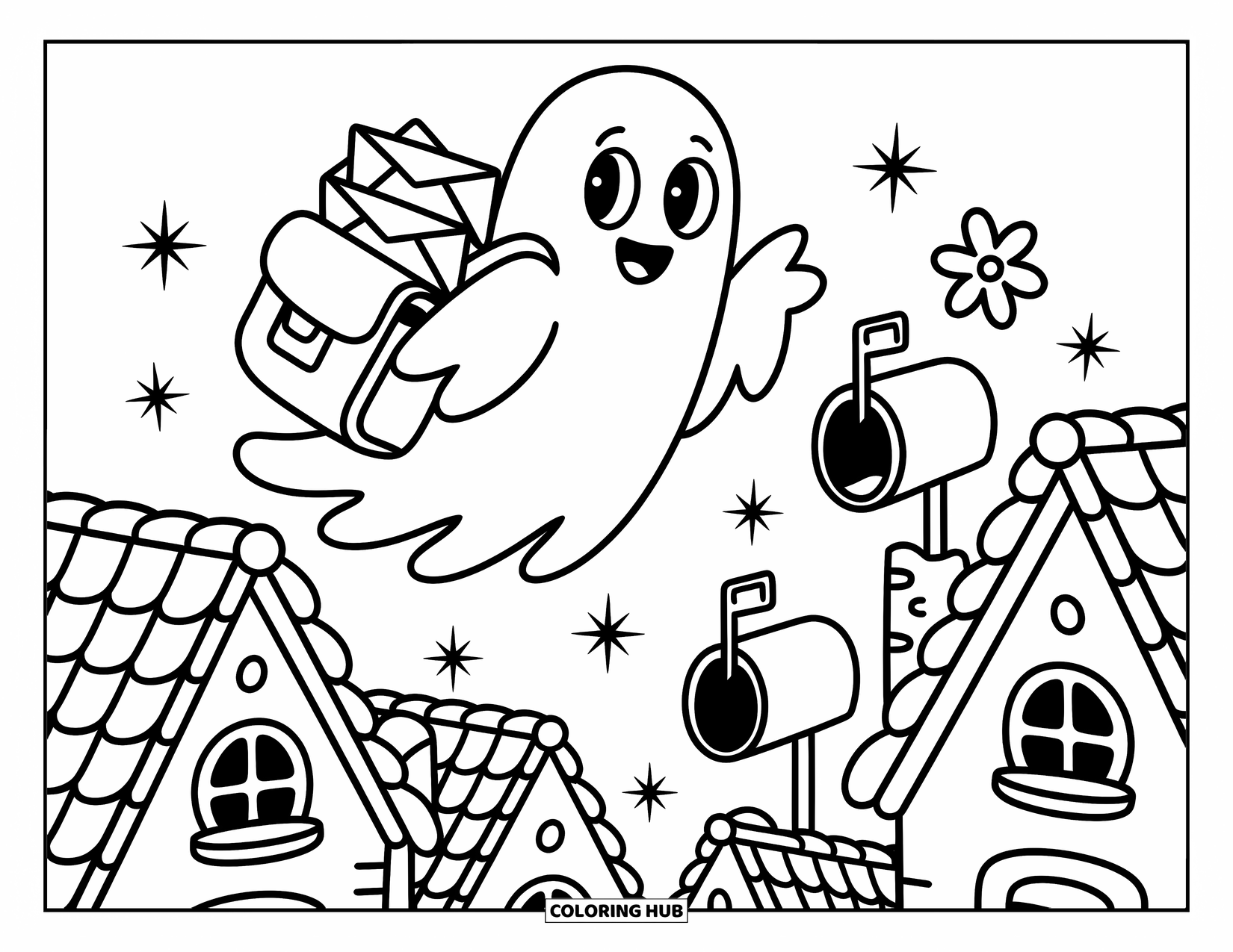 Ghost Coloring Page for Adults: A smiling ghost delivers sparkling letters into enchanted flower and star mailboxes