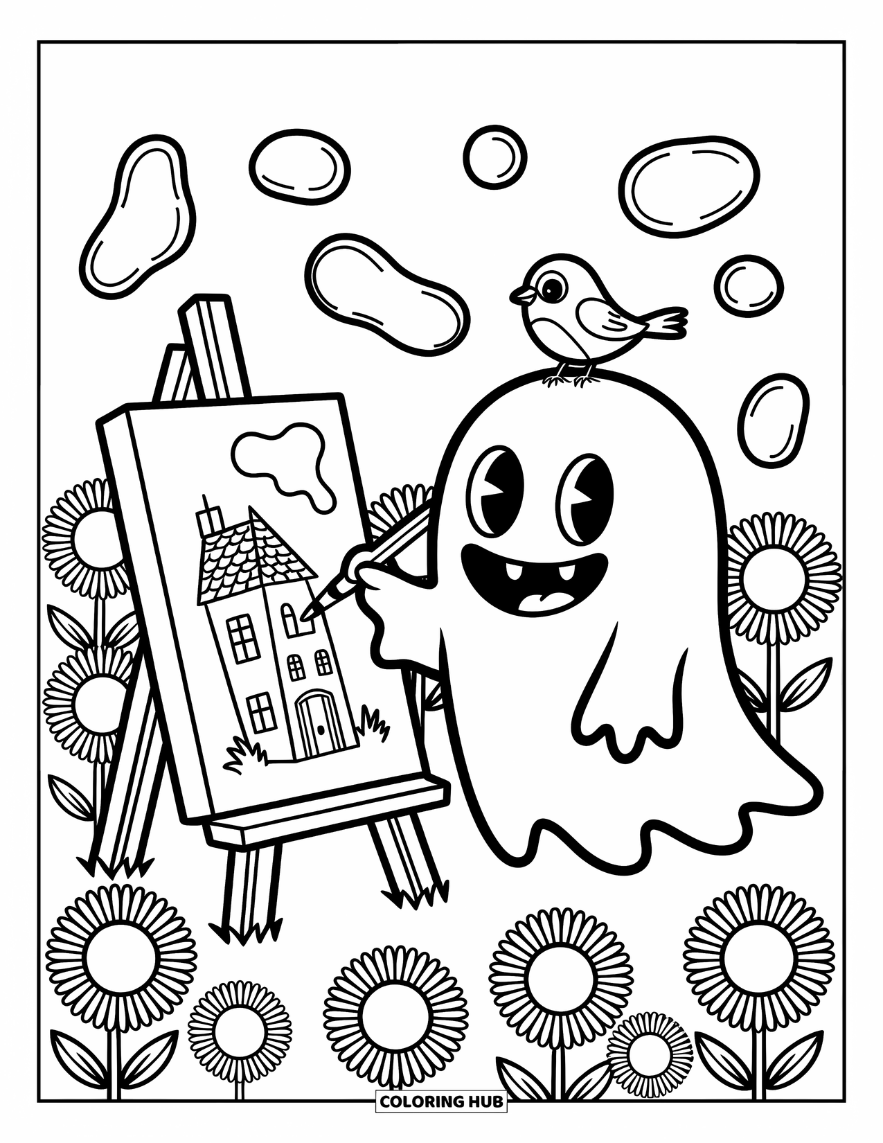 Ghost Coloring Page for Adults: A smiling ghost paints in a sunflower field with a playful bird perched nearby