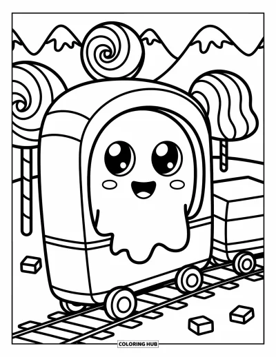 Coloriage de fantômes pour adultes : Un fantôme souriant voyage en train à travers des montagnes sucrées et des arbres en sucette