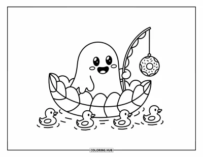 Coloriage de fantômes pour adultes : Un fantôme souriant navigue sur un ruisseau avec une canne à pêche en beignet et des amis canards