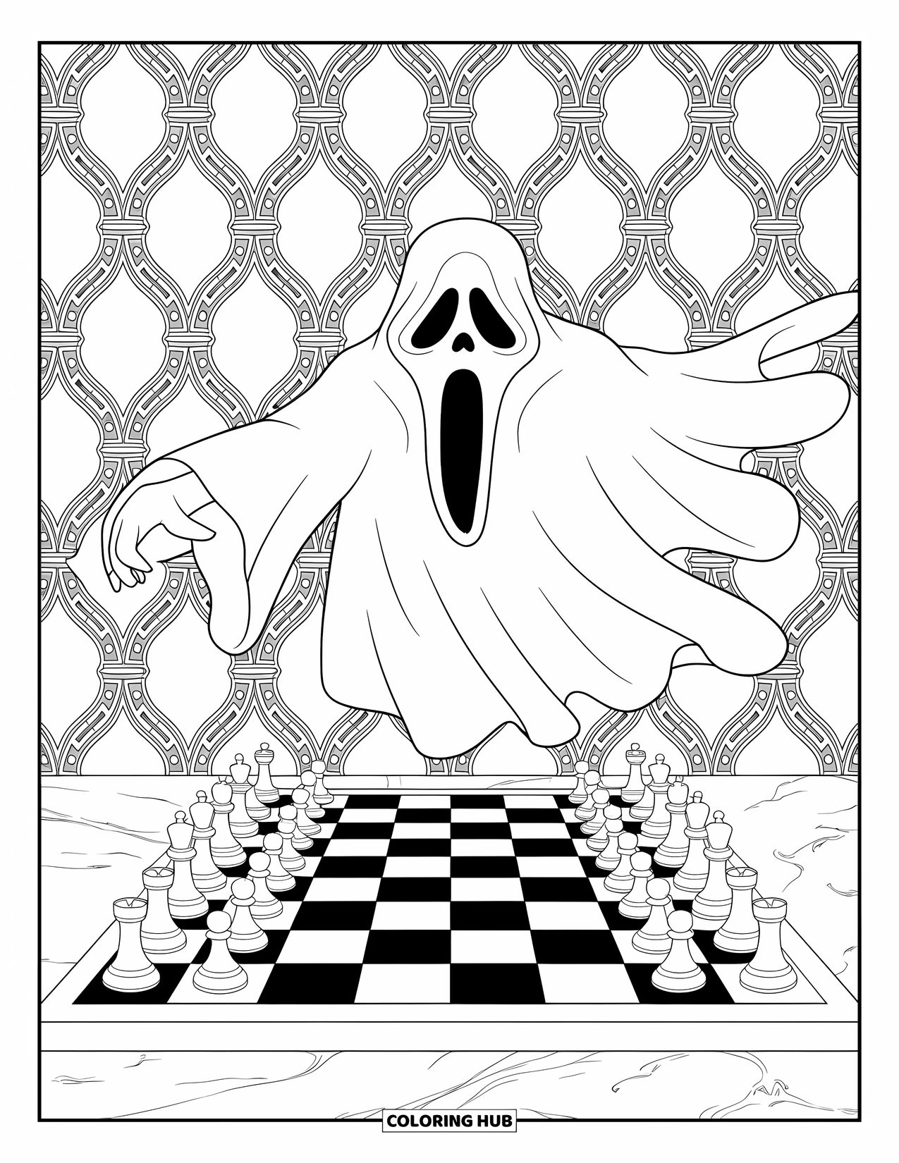 Ghost Coloring Page for Adults: A thoughtful ghost lingers over a chessboard surrounded by soft, flowing patterns