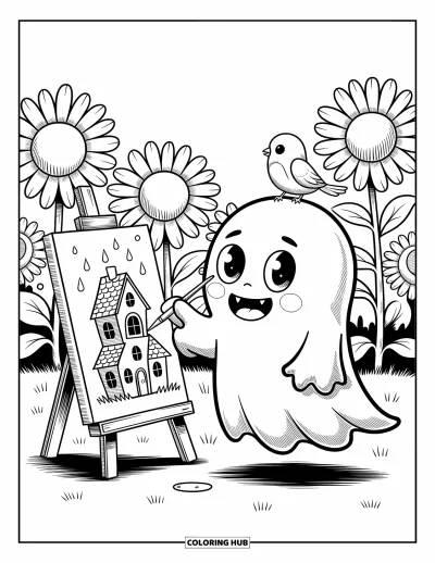Coloriage de fantômes pour adultes : Un petit fantôme peint une maison hantée entourée de tournesols et de gouttes de peinture flottantes