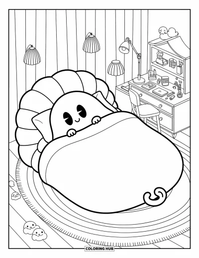 Coloriage de fantômes pour adultes : Un fantôme fatigué se recroqueville dans un lit mochi entouré de jolies lampes et de peluches