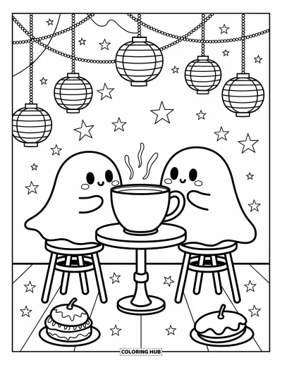 Coloriage de fantômes pour adultes : Deux fantômes potelés partagent un thé dans un café douillet avec des pâtisseries et des lanternes étoilées