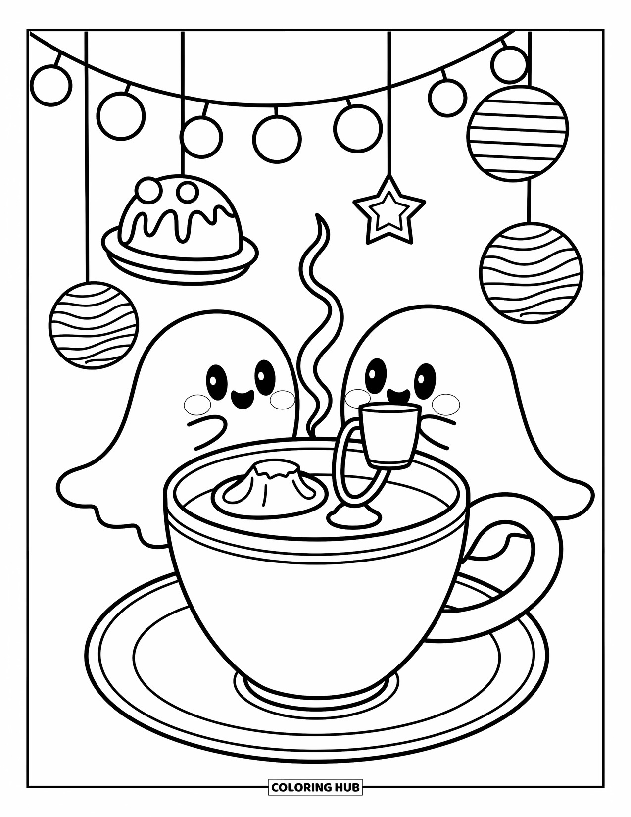 Ghost Coloring Page for Adults: Two ghosts relax with tea and sweets beneath glowing star lanterns in a tiny cafÈ
