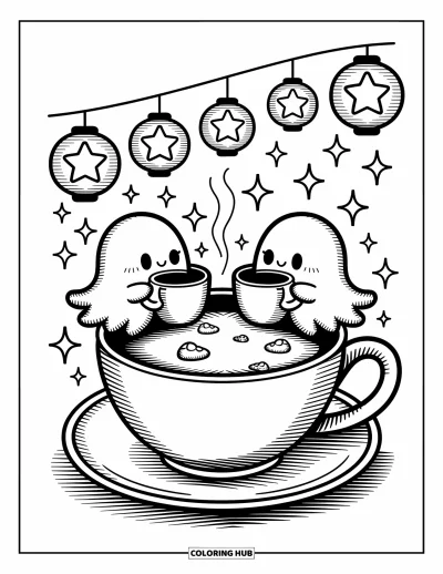 Coloriage de fantômes pour adultes : Deux fantômes sirotent dans un énorme mug tandis que des pâtisseries flottent et des étoiles scintillent autour d'eux