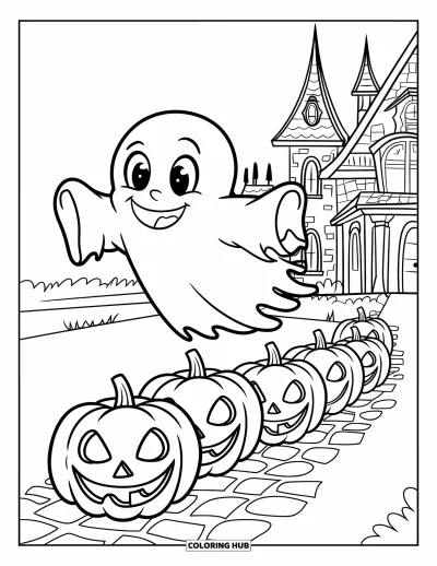 Coloriage de fantômes pour enfants : Un fantôme joyeux vole au-dessus de citrouilles décorées sur un chemin pavé