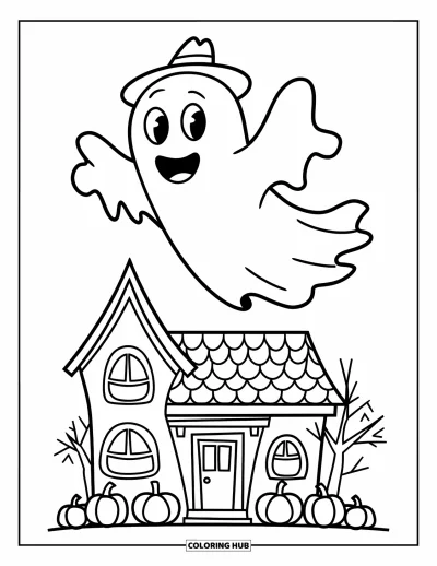 Coloriage de fantômes pour enfants : Un fantôme joyeux avec un chapeau vole au-dessus d'une maison hantée avec des citrouilles