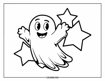 Coloriage de fantômes pour enfants : Un fantôme joyeux fait signe près de trois grandes étoiles avec des lignes nettes et épaisses