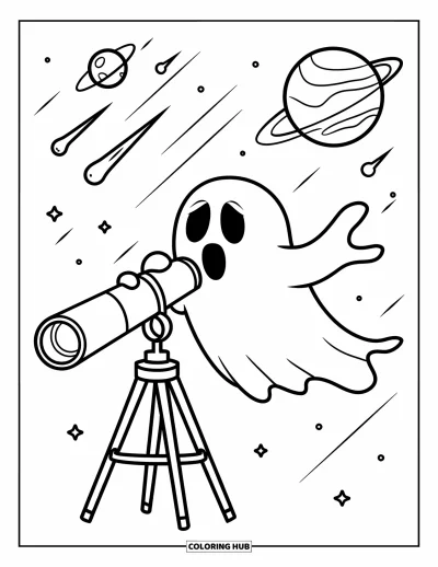 Coloriage de fantômes pour enfants : Un fantôme flottant observe à travers un télescope des planètes et des comètes dans le ciel nocturne