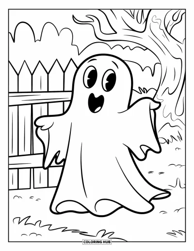 Coloriage de fantômes pour enfants : Un fantôme portant des friandises se promène près d'une clôture et d'un arbre dans un cimetière paisible