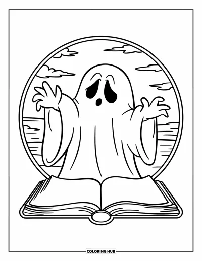 Coloriage de fantômes pour enfants : Un fantôme lance un sort depuis un vieux livre dans un cercle lumineux