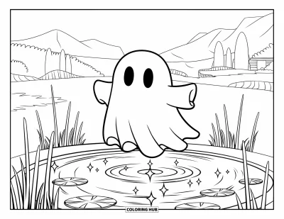 Coloriage de fantômes pour enfants : Un fantôme flotte au-dessus d'un étang avec des nénuphars, entouré d'arbres et de montagnes au loin