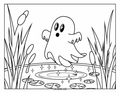 Coloriage de fantômes pour enfants : Un fantôme flotte au-dessus d'un étang tranquille avec des nénuphars et de grands roseaux