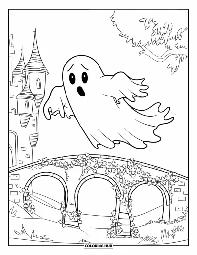 Coloriage de fantômes pour enfants : Un fantôme flotte au-dessus d'un pont recouvert de lierre avec un château en arrière-plan