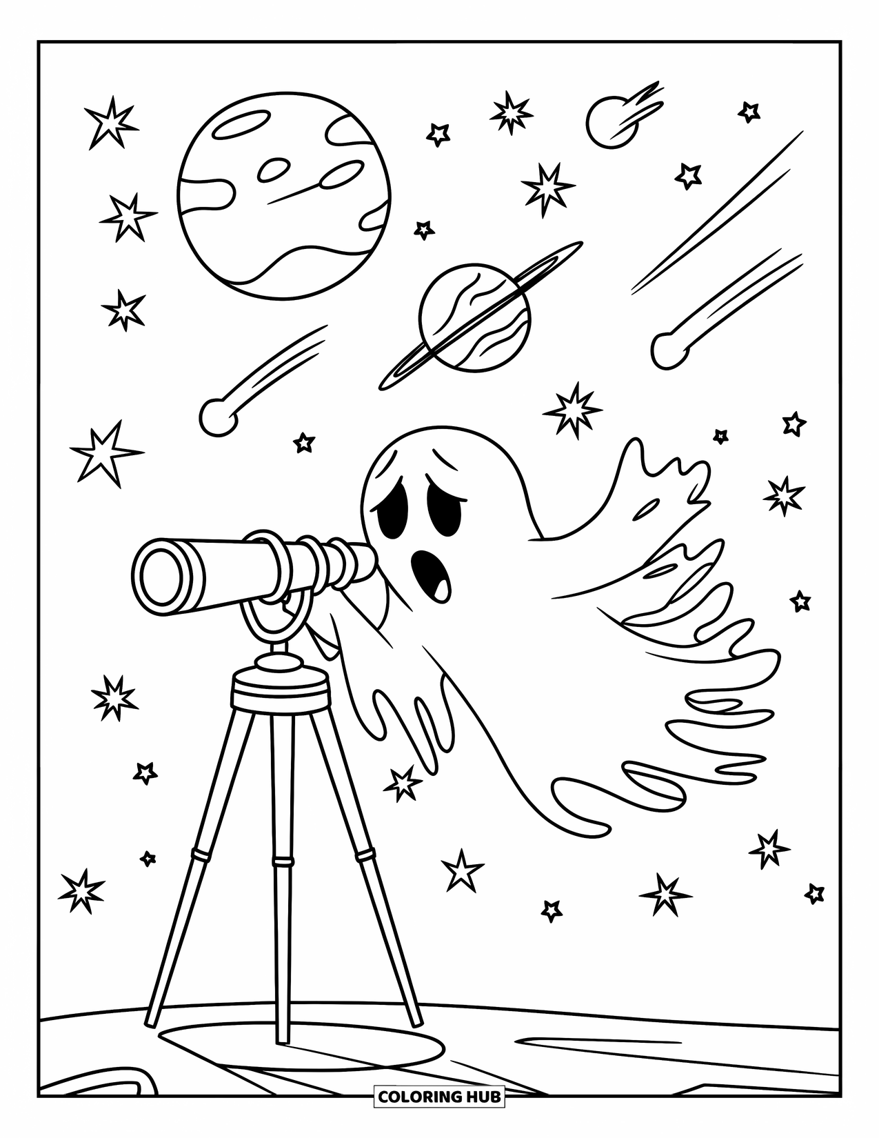 Ghost Coloring Page for Kids: A ghost floats in the sky, peering through a telescope at planets and comets