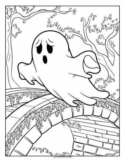 Coloriage de fantômes pour enfants : Un fantôme glisse sur un pont de pierre recouvert de lierre sous des arbres feuillus