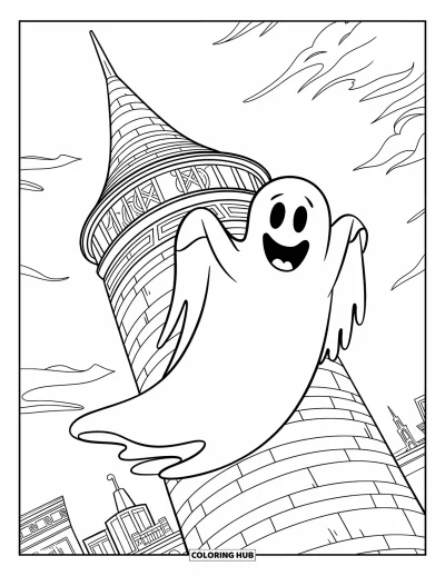Coloriage de fantômes pour enfants : Un fantôme s'accroche à une tour inclinée entourée de nuages et de toits de la ville
