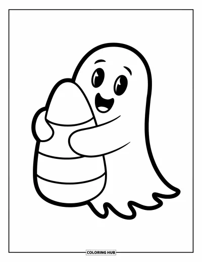 Coloriage de fantômes pour enfants : Un fantôme serre dans ses bras un énorme bonbon en forme de maïs sans arrière-plan