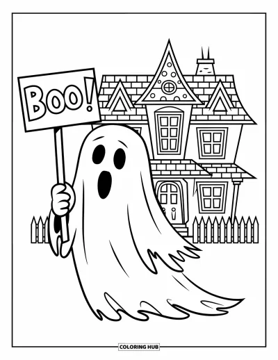 Coloriage de fantômes pour enfants : Un fantôme en robe tient un panneau « Boo !» près d'une maison hantée et d'une clôture