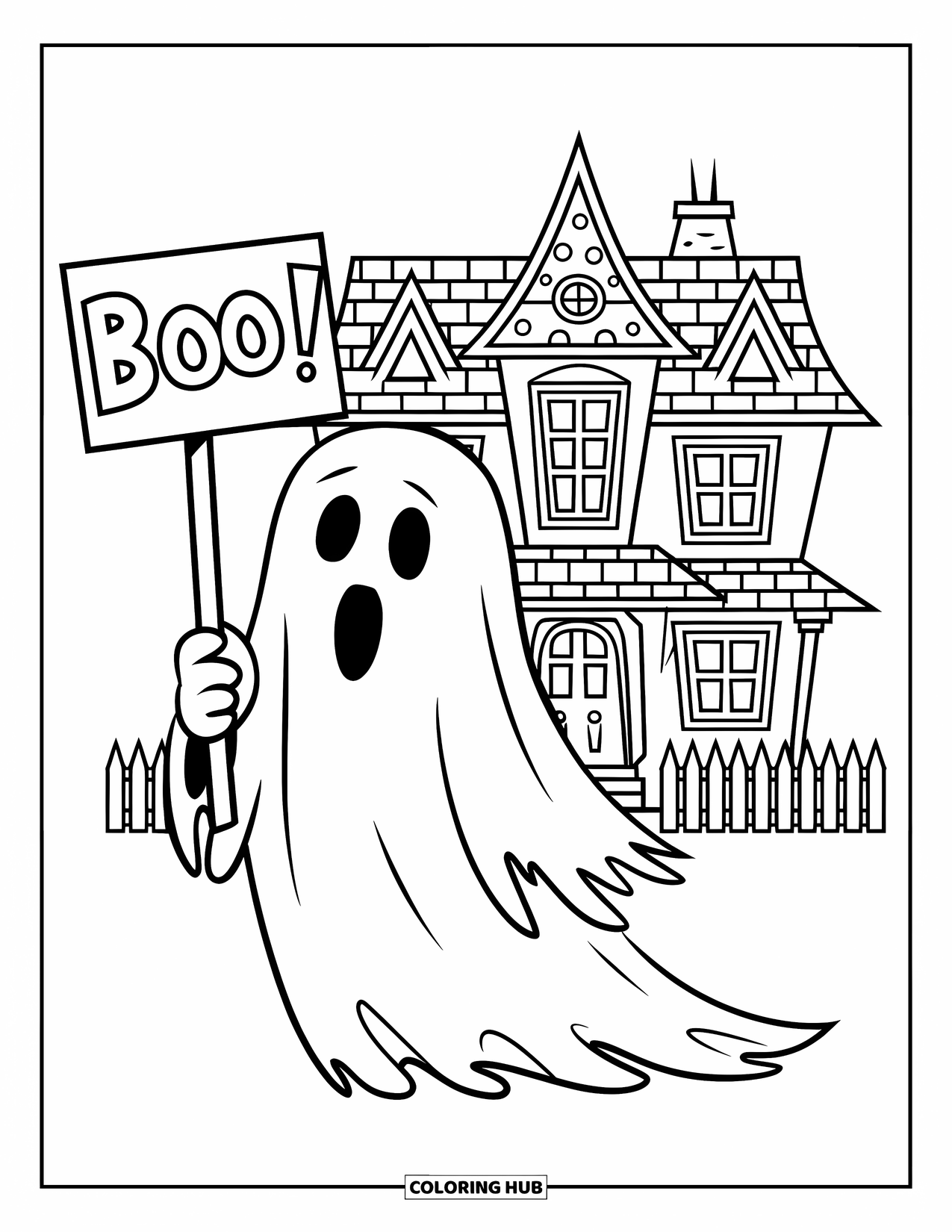Ghost Coloring Page for Kids: A ghost in a dress holds a “Boo!” sign near a haunted house and fence
