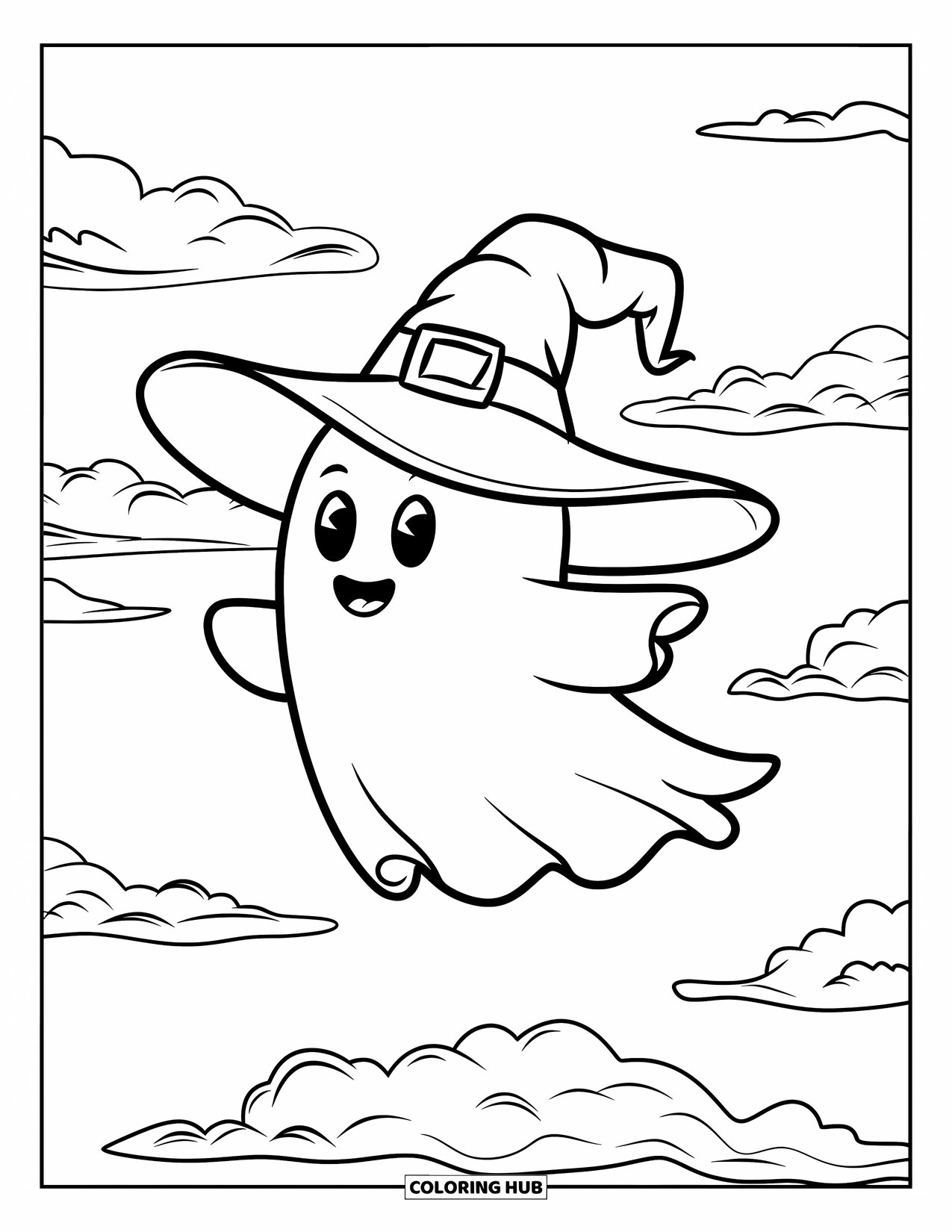 Ghost Coloring Page for Kids: A ghost in a floppy hat floats playfully beneath a cheerful, cloudy sky