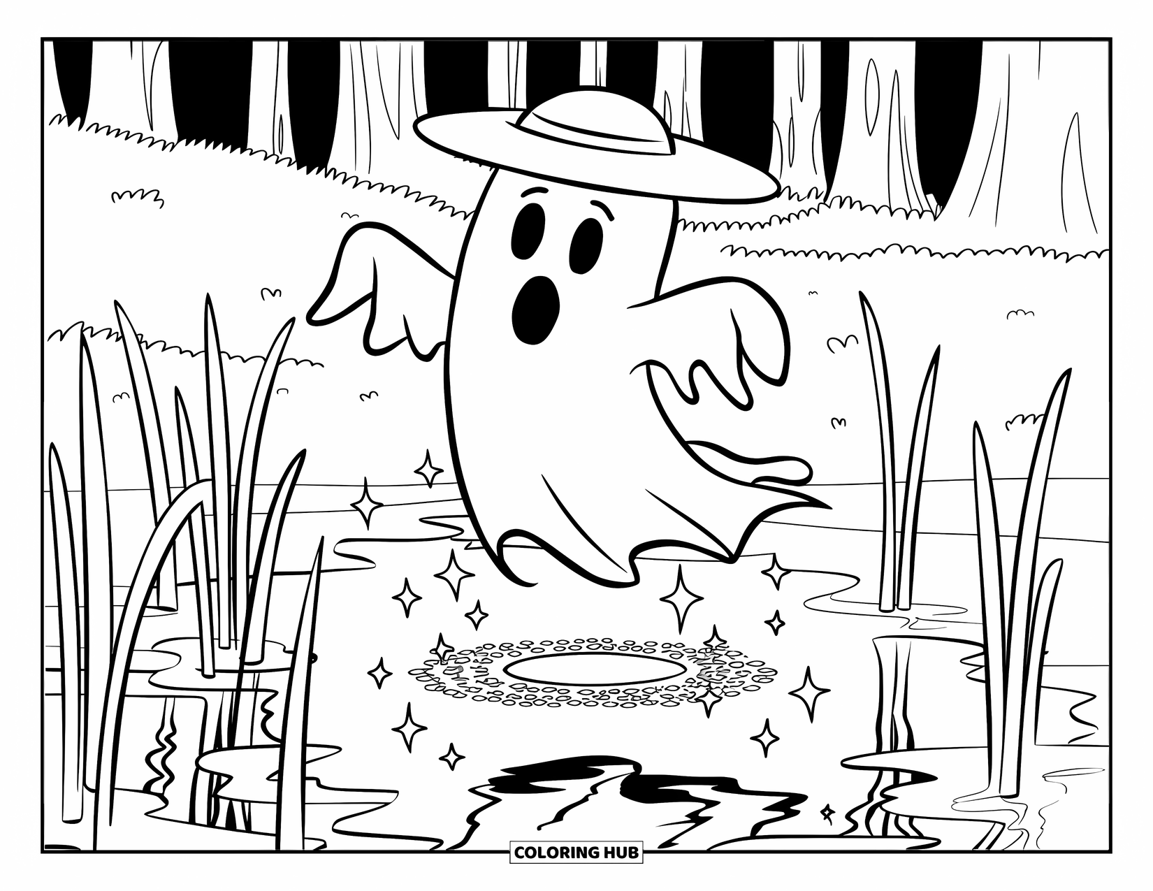 Ghost Coloring Page for Kids: A ghost in a hat floats above a pond reflecting reeds and a shadowy forest