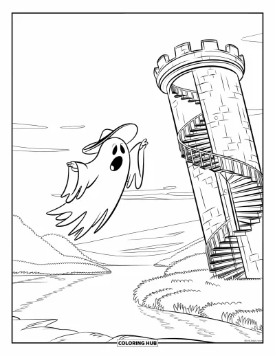 Coloriage de fantômes pour enfants : Un fantôme avec un chapeau s'accroche à une tour penchée près de l'eau et des arbres