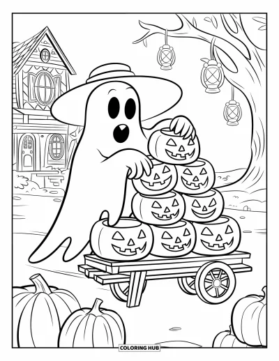 Coloriage de fantômes pour enfants : Un fantôme avec un chapeau empile des citrouilles sculptées sur un chariot près d'une maison hantée