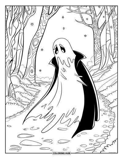Coloriage de fantômes pour enfants : Un fantôme en long manteau glisse sur un chemin de pierre sous de grands arbres étoilés