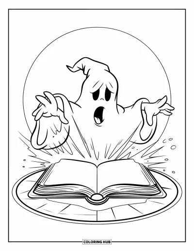 Coloriage de fantômes pour enfants : Un fantôme avec un chapeau pointu lance de la magie depuis un livre dans un cercle dessiné