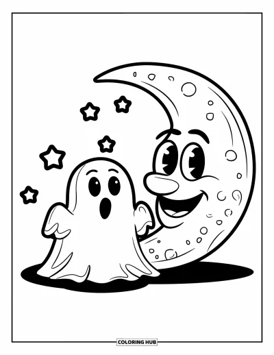 Coloriage de fantômes pour enfants : Un fantôme avec un chapeau pointu se repose près d'une grande lune entourée d'étoiles