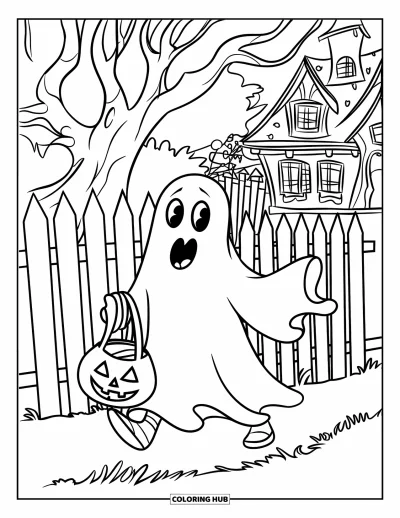Coloriage de fantômes pour enfants : Un fantôme avec un chapeau pointu passe devant une clôture tordue près d'une maison hantée