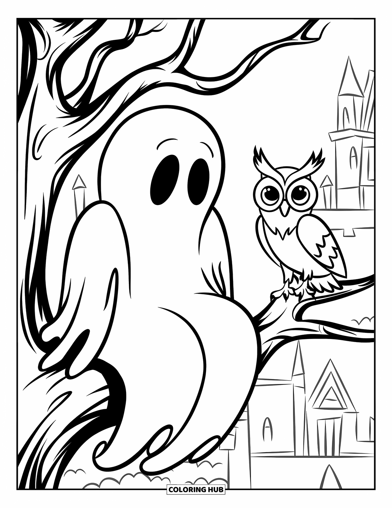 Ghost Coloring Page for Kids: A ghost in a robe watches an owl fly past a castle with tall towers