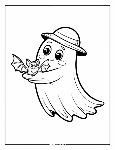 Coloriage de fantômes pour enfants : Un fantôme avec un chapeau rond tient une petite chauve-souris perchée sur sa main