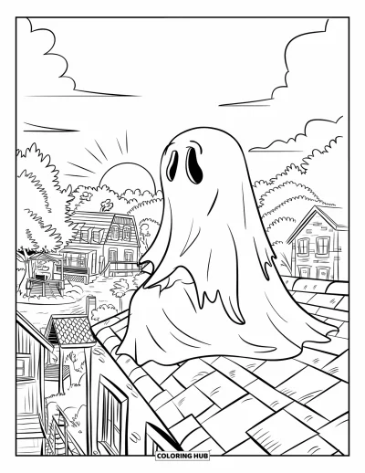 Coloriage de fantômes pour enfants : Un fantôme drapé dans un drap regarde le coucher du soleil depuis un toit au-dessus de la ville