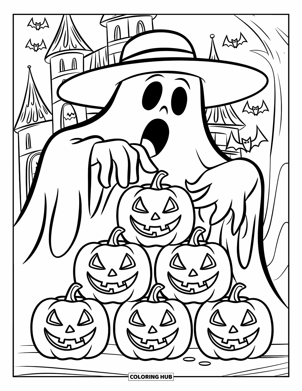 Ghost Coloring Page for Kids: A ghost in a striped shirt builds a jack-o'-lantern pyramid near a spooky castle