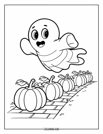 Coloriage de fantômes pour enfants : Un fantôme en pull rayé vole au-dessus de citrouilles sur un chemin en briques