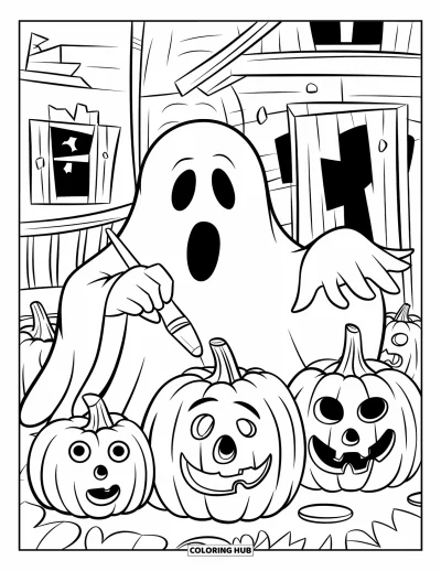 Coloriage de fantômes pour enfants : Un fantôme avec un chapeau en lambeaux peint des citrouilles à côté d'une maison hantée
