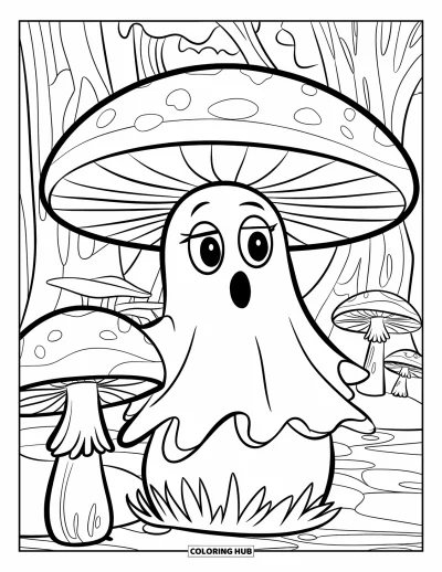Coloriage de fantômes pour enfants : Un fantôme en tenue en lambeaux se cache derrière un champignon dans une forêt tranquille