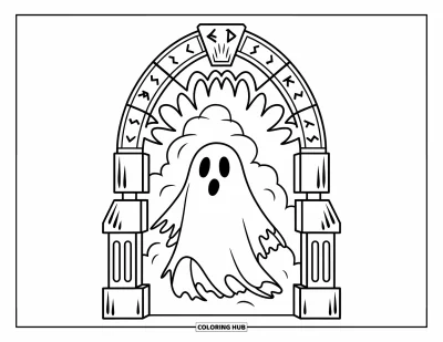 Coloriage de fantômes pour enfants : Un fantôme en robe en lambeaux entre dans une arche de pierre ornée de runes mystérieuses