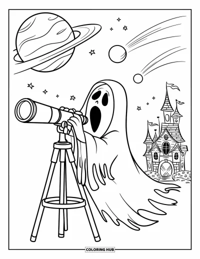 Coloriage de fantômes pour enfants : Un fantôme en robe en lambeaux utilise un télescope avec un château hanté en arrière-plan