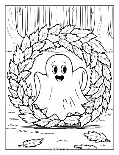 Coloriage de fantômes pour enfants : Un fantôme en chemise en lambeaux regarde à travers des feuilles dans une forêt tranquille